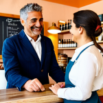 A professional, cheerful female tourist in modest, stylish casual clothing, standing at the bar counter of a vibrant Italian cafe, politely ordering an espresso. A friendly Italian barista, a middle-aged man, is smiling warmly and engaging with the customer. The background features authentic cafe decor with an espresso machine and neatly displayed pastries. The scene is bathed in warm, inviting light, conveying a sense of hospitality. Perfect anatomy, correct proportions, natural pose, well-formed hands, proper finger count, natural body proportions. Fully clothed, appropriate attire, safe for work, family-friendly content.