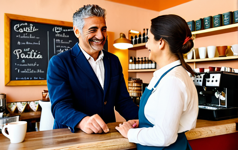 A professional, cheerful female tourist in modest, stylish casual clothing, standing at the bar counter of a vibrant Italian cafe, politely ordering an espresso. A friendly Italian barista, a middle-aged man, is smiling warmly and engaging with the customer. The background features authentic cafe decor with an espresso machine and neatly displayed pastries. The scene is bathed in warm, inviting light, conveying a sense of hospitality. Perfect anatomy, correct proportions, natural pose, well-formed hands, proper finger count, natural body proportions. Fully clothed, appropriate attire, safe for work, family-friendly content.