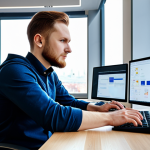 **

A professional programmer, fully clothed in a stylish and modest outfit suitable for a Moscow tech startup, working at a modern desk with multiple monitors. The background features a bright and open office space with a view of the Moscow cityscape. Safe for work, appropriate content, perfect anatomy, correct proportions, well-formed hands, proper finger count, natural pose, professional, family-friendly.

**