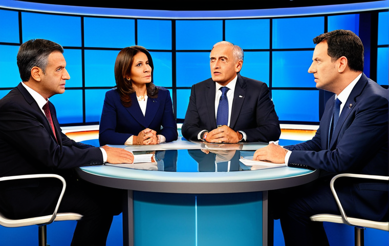 A Modern Political Debate**

"A diverse panel of fully clothed political commentators discussing current Italian affairs on a brightly lit television set, appropriate attire, professional setting, safe for work, perfect anatomy, natural proportions, well-formed hands, proper finger count, serious expressions, studio background, high resolution, family-friendly."

**