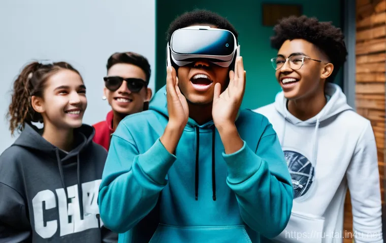 이탈리아어 유행어 및 신조어 - **Prompt for "Che figata!" (How cool! / What an awesome thing!):**
A group of diverse teenagers,...