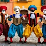 이탈리아어 연극 및 대본 분석 - A vibrant and energetic Commedia dell'arte street performance in 16th-century Italy. Focus on three ...