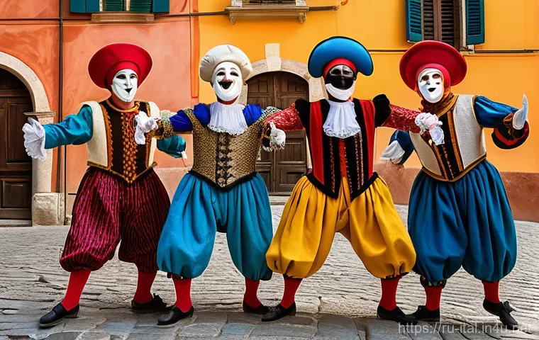 이탈리아어 연극 및 대본 분석 - A vibrant and energetic Commedia dell'arte street performance in 16th-century Italy. Focus on three ...