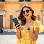 이탈리아어 인스타그램 및 SNS 표현 - **Prompt: "A vibrant, sunlit outdoor scene in an Italian piazza. A stylish Italian woman in her late...