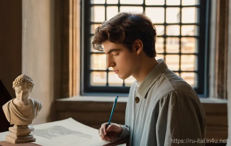 이탈리아어와 유럽 역사 속 역할 - **Prompt:** A young, aspiring Renaissance artist, male, around 20 years old, with a focused expressi...