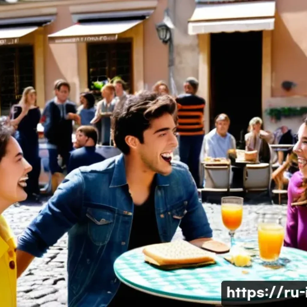이탈리아어 영화 및 드라마 표현 - A lively Italian street café scene featuring a group of young adults animatedly chatting and laughin...