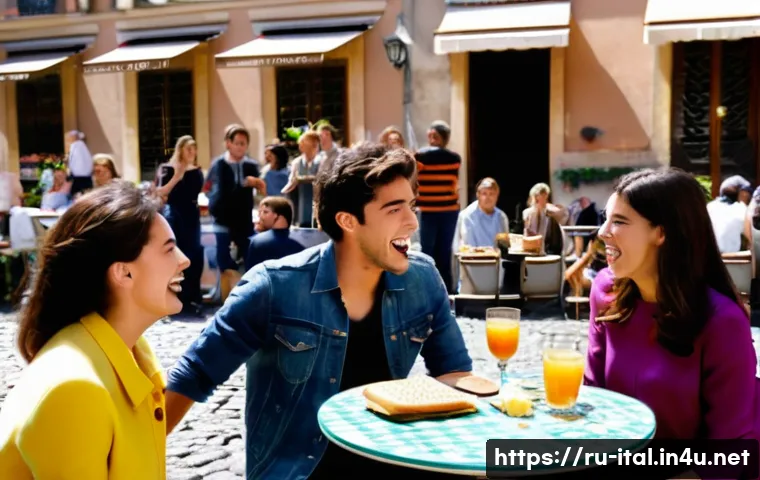 이탈리아어 영화 및 드라마 표현 - A lively Italian street café scene featuring a group of young adults animatedly chatting and laughin...