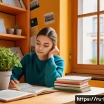 이탈리아어 빠르게 배우는 법 - A cozy home study scene featuring a young adult Russian learner sitting at a wooden desk near a wind...