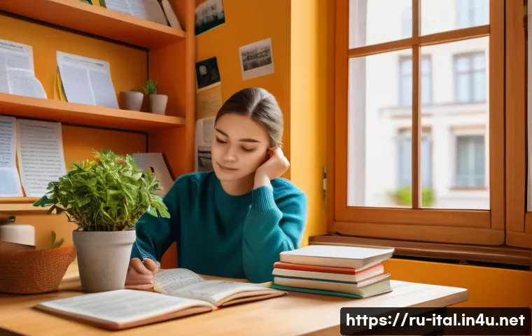 이탈리아어 빠르게 배우는 법 - A cozy home study scene featuring a young adult Russian learner sitting at a wooden desk near a wind...