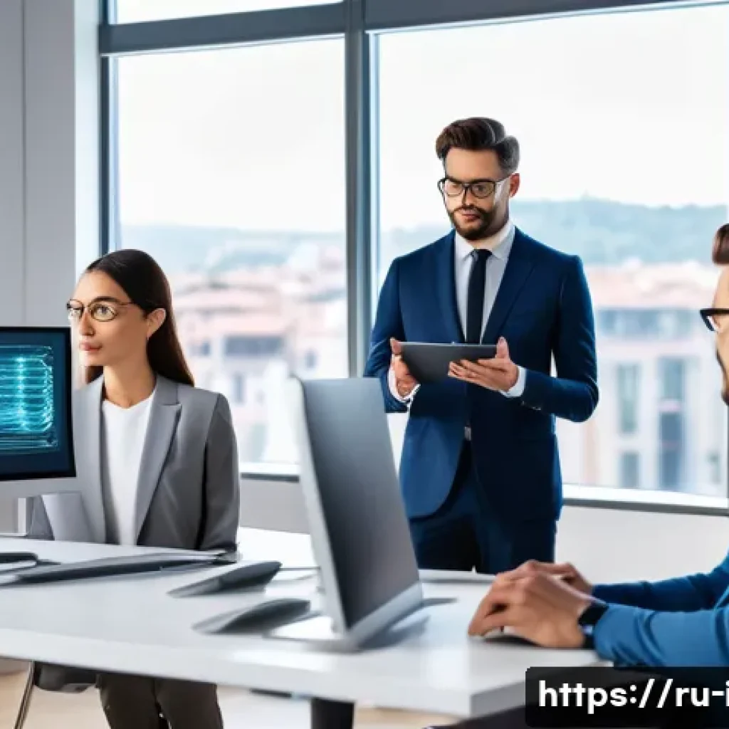 이탈리아어 음성 인식 및 AI 활용 - A detailed, modern office scene featuring a diverse group of professionals using advanced speech rec...