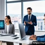 Home 21 이탈리아어 음성 인식 및 AI 활용 - A detailed, modern office scene featuring a diverse group of professionals using advanced speech rec...