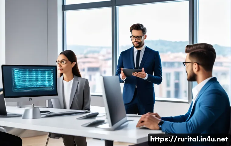 이탈리아어 음성 인식 및 AI 활용 - A detailed, modern office scene featuring a diverse group of professionals using advanced speech rec...