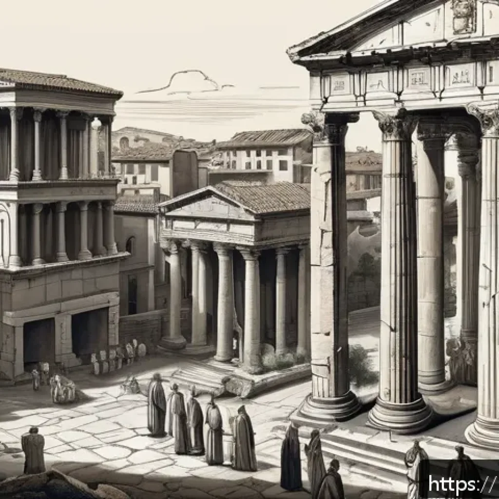 이탈리아어와 스페인어 유사점 - A detailed artistic illustration of a classic Roman forum scene symbolizing the Latin roots of Itali...