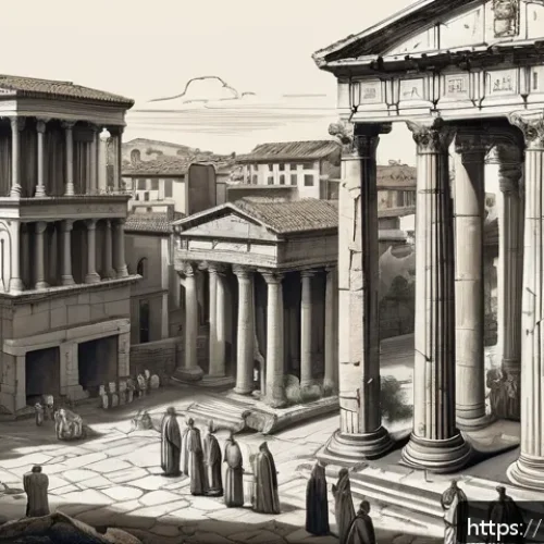 Home 32 이탈리아어와 스페인어 유사점 - A detailed artistic illustration of a classic Roman forum scene symbolizing the Latin roots of Itali...