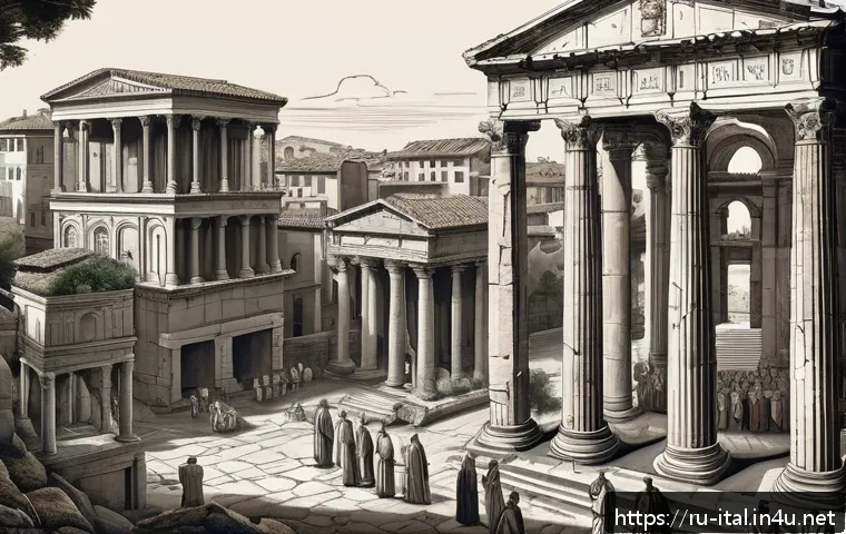 이탈리아어와 스페인어 유사점 - A detailed artistic illustration of a classic Roman forum scene symbolizing the Latin roots of Itali...