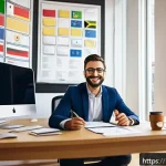 Home 19 이탈리아어와 유럽 다국어 환경 - A modern office setting where a Russian-speaking entrepreneur is engaged in a lively online language...