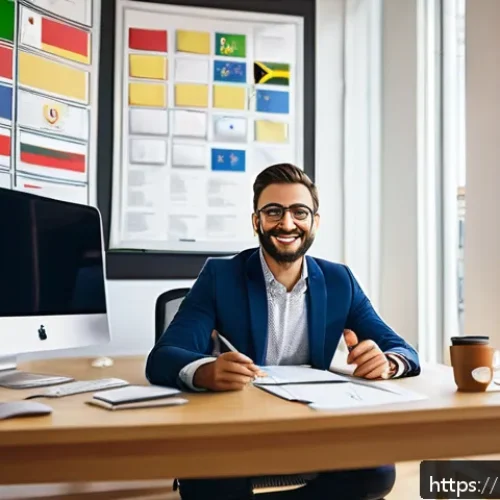 Home 31 이탈리아어와 유럽 다국어 환경 - A modern office setting where a Russian-speaking entrepreneur is engaged in a lively online language...