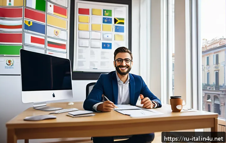 이탈리아어와 유럽 다국어 환경 - A modern office setting where a Russian-speaking entrepreneur is engaged in a lively online language...