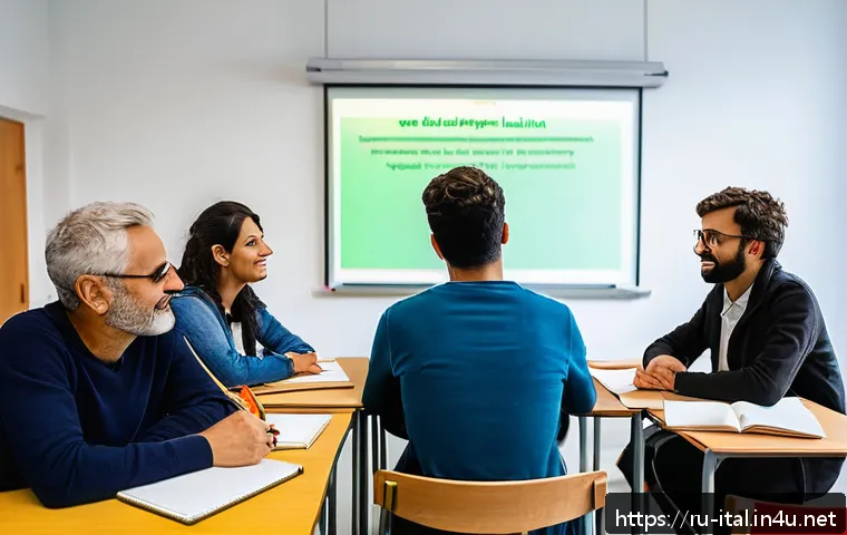이탈리아어와 이민자 문화 - A diverse group of adult immigrants attending an Italian language class in a modern community center...