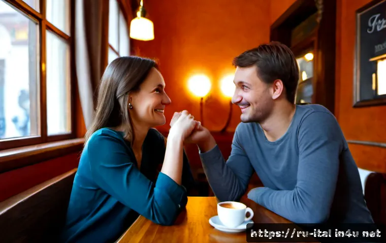 Home 17 이탈리아어 연애 및 감정 표현 - Photorealistic warm lifestyle scene of a Russian-speaking couple in their early thirties sharing a q...